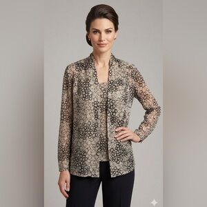 Kasper Beige and Black Sheer Floral Overlay Top